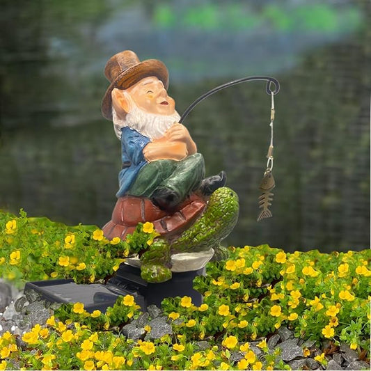 Garden Gnome Solar LED Turtle Fishing Pond Statue Decoration, Outdoor Koi Pond Waterfall Lawn Decor, 5.3" Poolside Statue with Ground Insertion