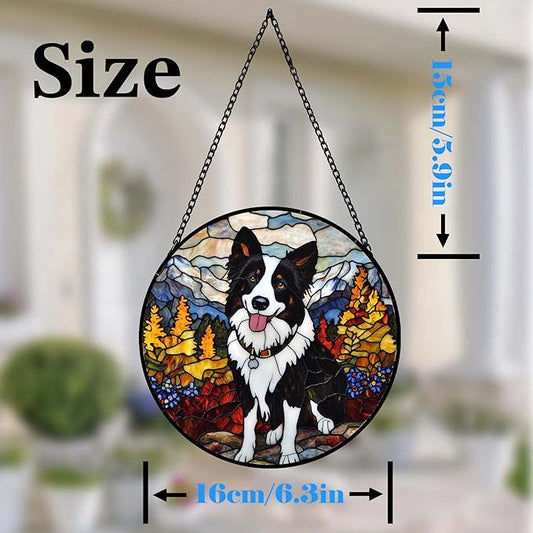 Stained Glass Suncatcher Border Collie in Mountain Meadow Handmade Window Hangings Colored Glass Suncatcher Crafts Kits for Indoor Garden Christmas Home Decor Gift for Pet Lover Memorial 6.3in