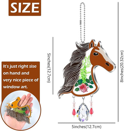 KY&BOSAM Suncatcher Horse Head Stained Glass Crystal Hand-Painted Suncatchers Ornament hangings Wind Chime with Pressed Flower Horse Embedded in Glass Window Mother`s Day Birthdays…