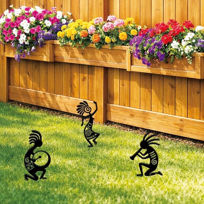 SUPERDANT 3PCS Kokopelli Metal Garden Yard Art Decor Black Silhouette Outdoor Iron Art Decoration Garden Stakes Statues Ornament Crafts for Backyard Parks Lawns Outdoor Spaces