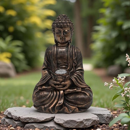 Outdoor Buddha Statues Solar Light: Desk Zen Garden Deor for Outside Patio Home Decoration Meditation Sculpture Room Decor Indoor Meditating Figurine Yard Lawn Ornament