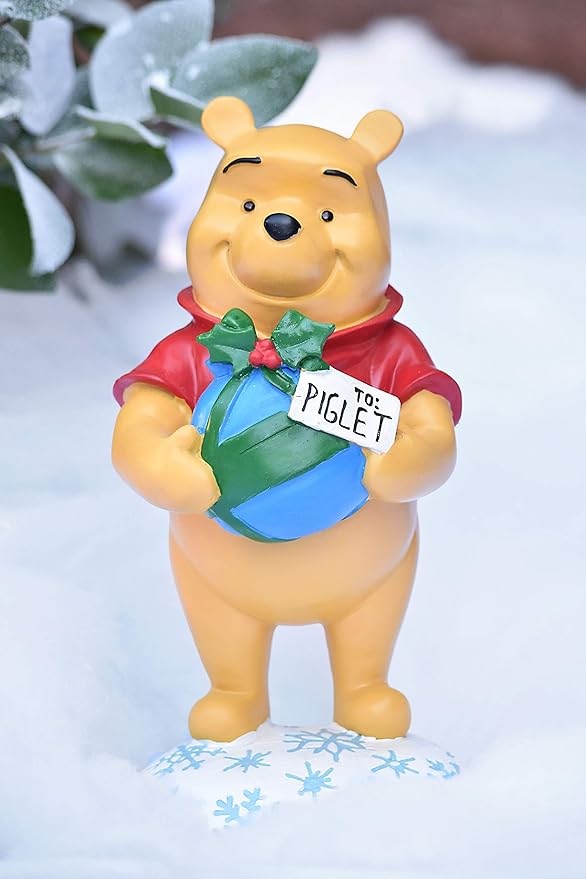 Disney Winnie The Pooh with Gift Christmas Outdoor Garden Statue, 10 inches Tall, Officially Licensed Disney Product