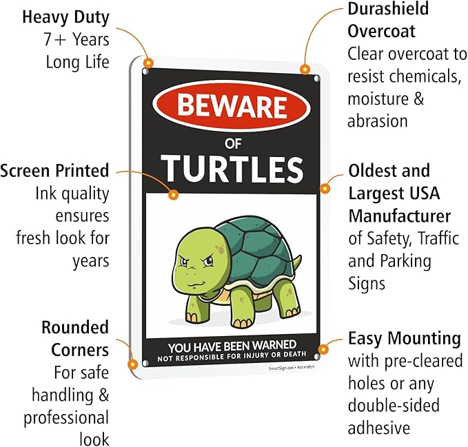 SmartSign Funny Beware Of Turtles Warning Sign - 10"x7", 40 mil Laminated Rust-free Aluminum - Metal Signs for Tank Accessories Decor, Outdoors, Patio, Man Cave, Gifts - Turtles Theme, Made in USA