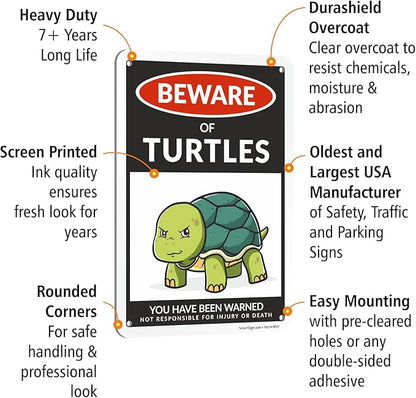 SmartSign Funny Beware Of Turtles Warning Sign - 10"x7", 40 mil Laminated Rust-free Aluminum - Metal Signs for Tank Accessories Decor, Outdoors, Patio, Man Cave, Gifts - Turtles Theme, Made in USA