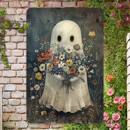 Metal Retro Little Devil Holding Flowers Wall Art, Creativity Art Decorations, Garden Sign Outside Decor，Wall Sculpture， Hanging Sculpture for Living Room Dining Room Bedroom Yard Outdoor Decor