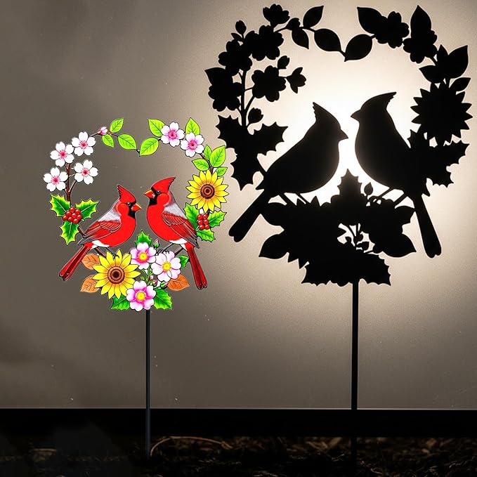 Decorative Garden Stakes Metal Red Cardinal - Heart Shaped Pair of Red Birds with Flowers 24 Inch Colorful Yard Decor, Outdoor Lawn Ornament(Cardinal Couple)