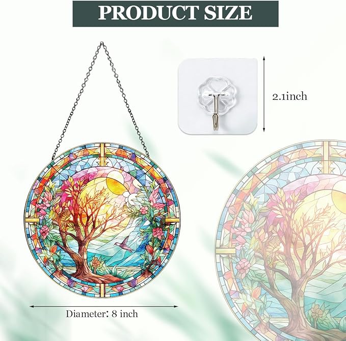 Spring Tree Stained Glass Suncatcher, Colorful Floral Window Hanging, Round Glass Sun Catcher Wall Decor Gift, Watercolor Blooming Wall Glass Ornament 8 Inch