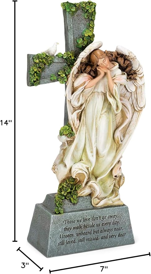 Roman Irish Memorial Angel Cross Garden Statue, 14 Inch Height