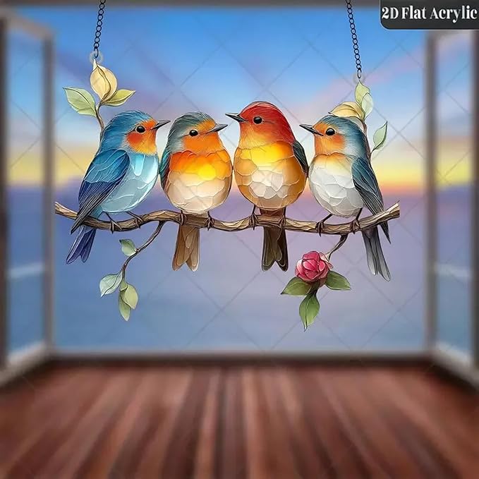 Birds On Branch Stain Glass Window Hanging Hummingbird Sun Catcher with Metal Chain, Bird Stained Art Ornament, Indoor Outdoor Window Suncatcher for Garden，Home，Housewarming Decor