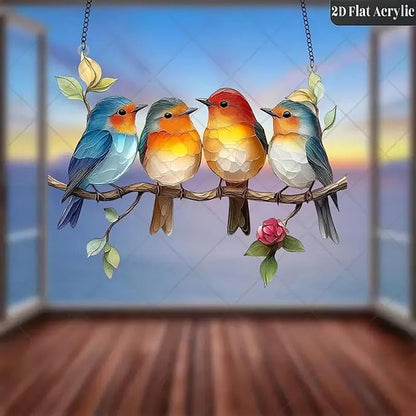 Birds On Branch Stain Glass Window Hanging Hummingbird Sun Catcher with Metal Chain, Bird Stained Art Ornament, Indoor Outdoor Window Suncatcher for Garden，Home，Housewarming Decor
