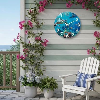 Crosstime Outdoor Clock Waterproof - 12" Sea Turtle Blue Ocean Beach Coastal Decor Indoor Outdoor Wall Clock for Patio, Pool, Garden, Backyard, Bathroom