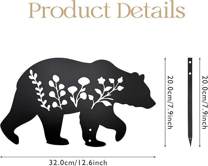 Bear Garden Stake Statue - Flat Black Bear Figurine for Outdoor Lawn & Patio Decor, Composite Ground Stake Decorative Accent