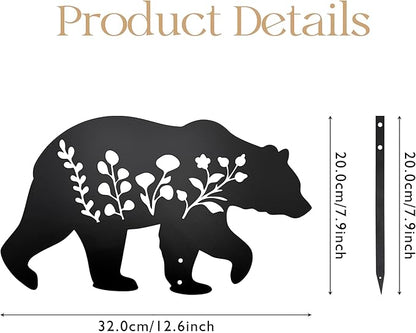 Bear Garden Stake Statue - Flat Black Bear Figurine for Outdoor Lawn & Patio Decor, Composite Ground Stake Decorative Accent