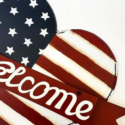 USA Flag Heart Welcome Lawn Sign – 22.5" x 16" Metal Garden Decorative Stake, Patriotic Yard Decor, American Flag Outdoor Decor for 4th of July, Red Blue & White Metal Sign, Memorial Day, Veterans Day, Rustic Americana Lawn Decoration