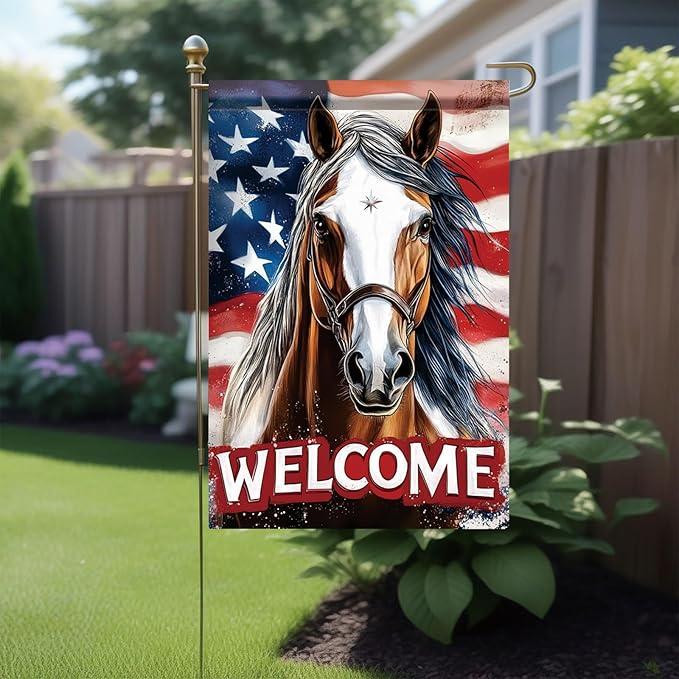 Spring Summer Garden Flag 12x18 Inch Patriotic Horse Welcome American Outdoor Western Farm Animal Design Outdoor Yard Porch Lawn for Seasonal Americana Country Home Decor