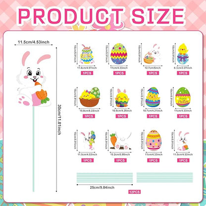 Cinrobiye 12Pcs Easter Planter Stakes Flower Pot Signs 5.9Inches Bunny Chick Jesus Egg Garden Stake Outdoor Lawn for Easter Party Patio Yard Outside Greetings Home Farmhouse Decor