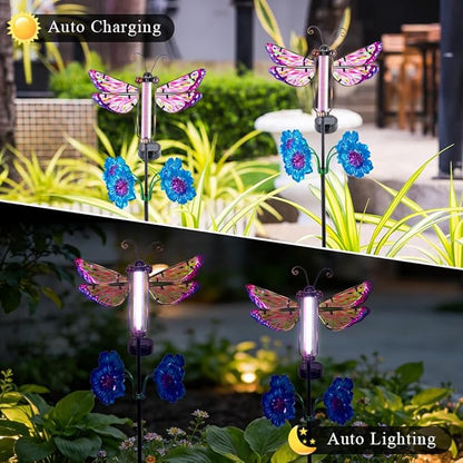 Solar Lights Outdoor Waterproof, 2 Pack Dragonfly Garden Lights, Decorative Landscape Lighting Solar Powered Small Pinwheels for Yard and Garden