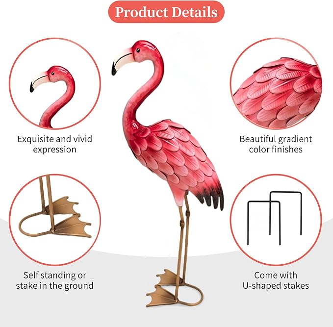 Ratuor Metal Flamingo Yard Decor Garden Statues,Outdoor Pink Flamingo for Backyard Patio Porch Decoration,Valentine's Day,Wedding,Party,Lawn Decorations (2)