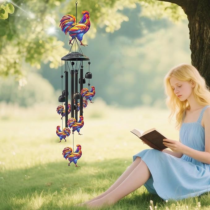 Chicken Wind Chimes for Outside, Black Metal Windchimes Outdoors, Chickens Gifts for Women/Men, Garden/Yard Decor, Memorial/Birthday Gifts for Grandma/Mom, Durable Chimes for Outdoors