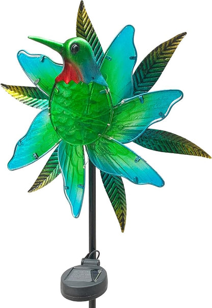 Hummingbird Wind Spinner Garden Decor, Metal Wind Spinner Lights Outdoor Solar Garden Decor, Lighted Pathway Yard Spinner Wind Sculpture, Solar Powered Path Lights Kinetic Wind Catcher for Outside