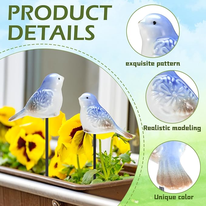 Sosation 2 Pcs Miniature Bird Decorative Stakes Ceramic Bird Figurines Cute Decorative Garden Stakes Mini Animal Garden Decoration for Fairy House Bonsai Indoor Outdoor Lawn Pathway Patio Ornaments