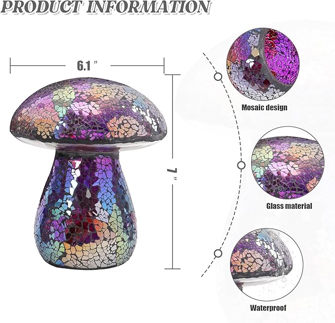 Bshine Mushroom Garden Statue Decoration, Colorful Mosaic Mushroom Sculptures Home Decor, Outdoor Waterproof Handmade Glass for Yard, Path, Lawn Ornaments, Purple