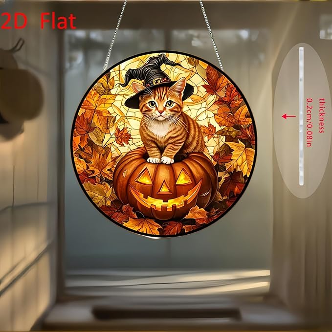 Halloween Sun Catcher for Window Hanging Pumpkin Cat Maple Leaves Acrylic Garden Fall Suncatcher Decor Colorfu Glass for Wall Home, Garden, Housewarming Women Neighbor Thanksgiving Decor Gifts7.87inch