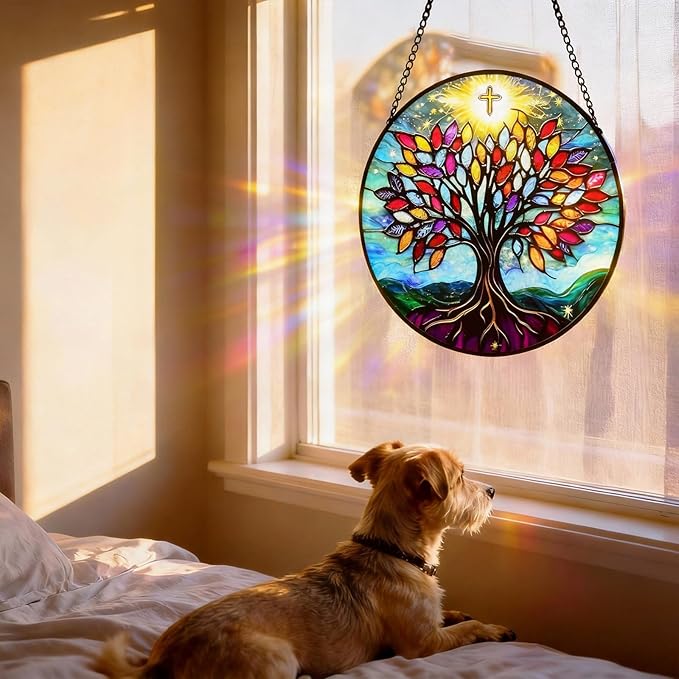Stained Glass Window Hanging Tree of Life Sun Catcher Indoor, Window Garden Decor Art, Stained Glass Suncathers, Christian Gifts for Women,Mom, Grandma,Friends and Wife Gifts 7.8’’ Blue