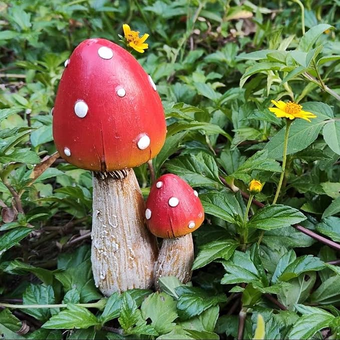 Mushroom Decor - Fairy Garden Accessories Outdoor Spring Patio Decoration 4 PCS Mushroom Statues with Stakes (Red2+Orange2)