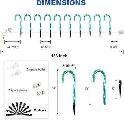 10" Christmas Candy Cane Lights - Set of 10 Pathway Markers Christmas Outdoor Yard Decorations, Green Xmas Candy Cane Stake Lights for Lawn, Walkway, Garden, Xmas Party Indoor Ornaments
