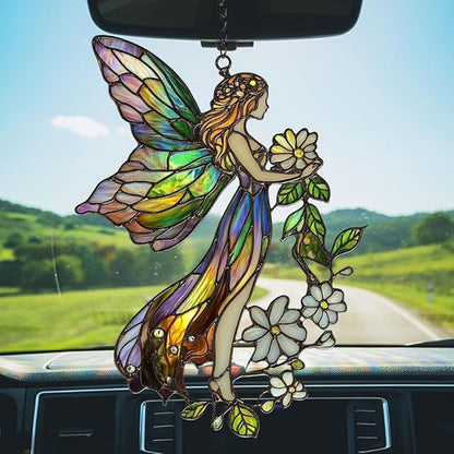Floral Forest Fairy Acrylic Suncatcher Stained Glass Effect Window Car Hanging Christmas Ornament Indoor Outdoor Decor Garden Sun Catcher Panel for Fairy Lover for Women Mom Grandma