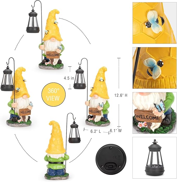 Solar Garden Gnome Statue with Lantern - Hand-Painted Resin Gnome Decor, IP44 Waterproof Outdoor Figurine for Yard Patio Porch, for Mom Women Housewarming Christmas
