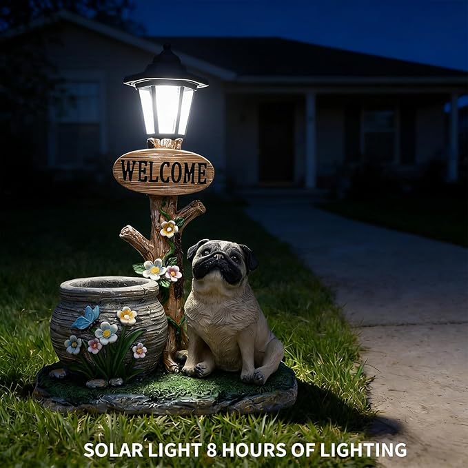 Solar Light Animal Outdoor Statue Planter with Welcome Sign, Resin Garden Sculpture Flower Pot for Patio Lawn Porch Yard Courtyard Decor, Weather-Resistant Decorative Figurine Accent (N)