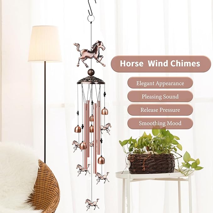 Horse Wind Chimes for Outside, Decorative Wind Chimes with 4 Aluminum Tubes Hanging Bells, Memorial Windchimes Outdoors with S Hook for Patio Garden Decor, Unique Gift for Mom Grandma