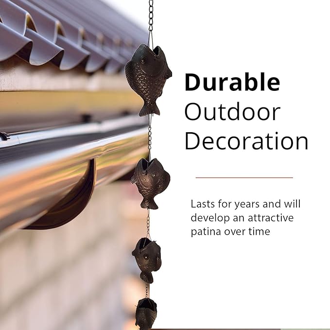 NACH Decorative Fish Rain Chain, Heavy Duty Cast Iron Rain Chains for Gutter, Downspout, Drain, 72" (6ft), JS-RNC008
