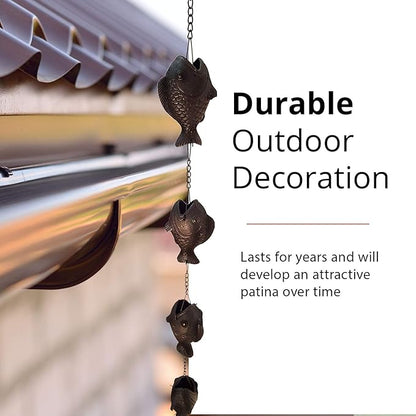 NACH Decorative Fish Rain Chain, Heavy Duty Cast Iron Rain Chains for Gutter, Downspout, Drain, 72" (6ft), JS-RNC008