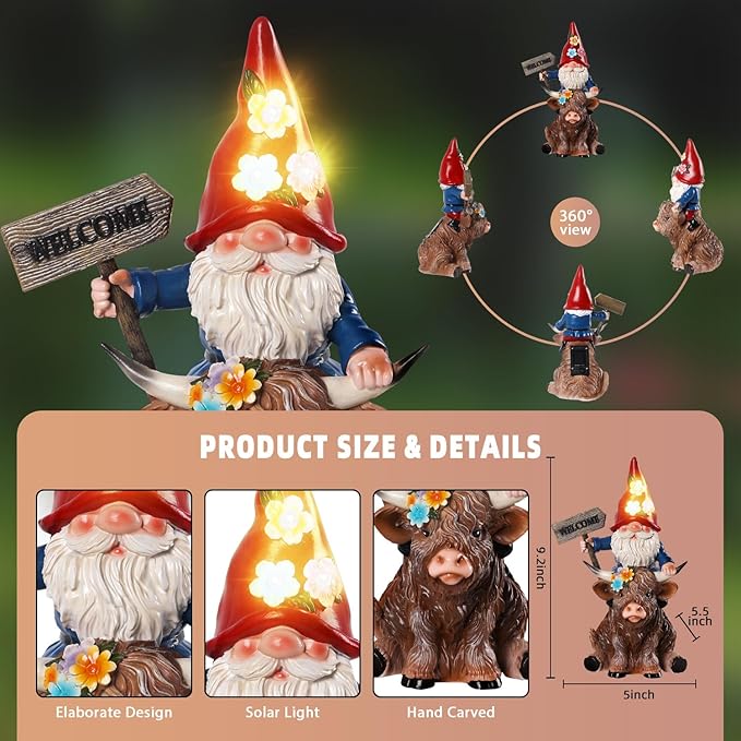 Solar Highland Cow Statue with Gnome Holding Welcome Sign Resin Highland Cow Figurines 9.2" Waterproof for Outdoor Lawn Yard Porch Patio Decor Housewarming Gifts for Women Mom Grandma