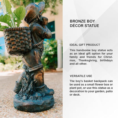 XBrand 24" H Faux Bronze Magnesium Oxide Walking Boy Garden Statue w/Small Flower Plant Pot, Outdoor Décor, Natural Design Sculpture