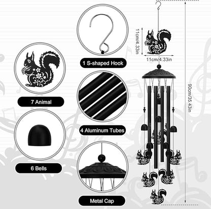 Squirrel Wind Chimes for Outside Metal Animal Windchimes Squirrel Sympathy Gifts for Women Men Birthday Garden Decor for Patio Yard Memorial Black