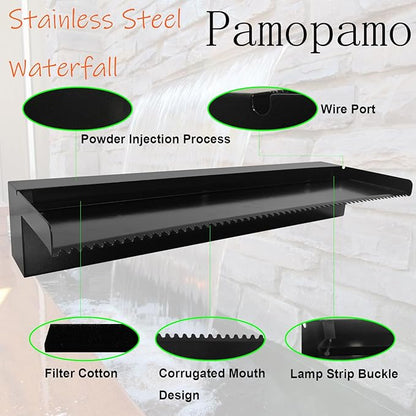 Pamopamo Pond Waterfall Spillway Pool Fountain Water Feature, Black Stainless Steel Outdoor Fountains, Swimming Pool Water Flow Waterfalls Kit for Garden Patio Ponds-11.8"x7.8"x3.9"(NO Light)