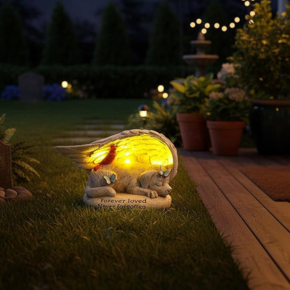 Dog Memorial Stone with Solar Lights Angel Wings Cardinal Butterfly 8 Inch, Pet Grave Markers Sleeping Statue Pet Loss Sympathy Gift Waterproof Resin for Outdoor Cemetery Garden Decor