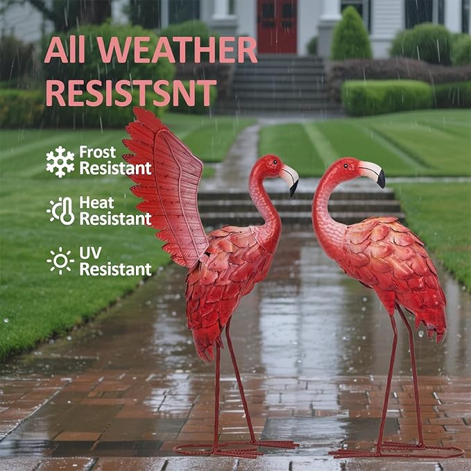Natelf Flamingos Garden Statues Small Outdoor Decor, Set of 2 Metal Yard Art with Spread & Folded Wings, Weather-Resistant Pink Flamingo Lawn Sculpture for Patio, Backyard - Gift for Women, Mom