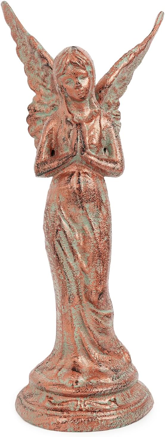 Sungmor Vintage Cast Iron Angel Statue - Rustic Decorative Figurine for Garden, Shelf or Mantel - 14.5" Tall Heavy Duty Patina Finish, Indoor/Outdoot Angel Sculpture