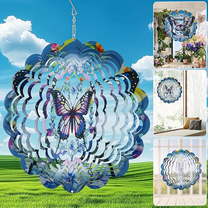 3D Butterfly Wind Spinners, 12 inch Stainless Steel Gradient Color Wind-Spinner, Outdoor Hanging Wind Sculpture for Garden Decor, Butterfly Gift for Women Girl Mother Wife Grandma(12inch)