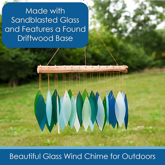 Blue Handworks Ocean Breeze Glass Chime, Sandblasted Glass and Found Wood Handcrafted Wind Chime
