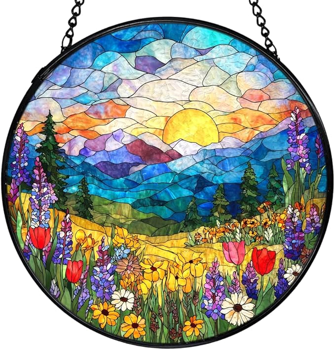 Spring Wildflower Landscape Suncatchers Stained Glass Window Hanging, Cottagecore Flower Sun Catchers Indoor Window Glass Round Wall Decor, Floral Wall Hanging Decorations, 7.9x7.9in