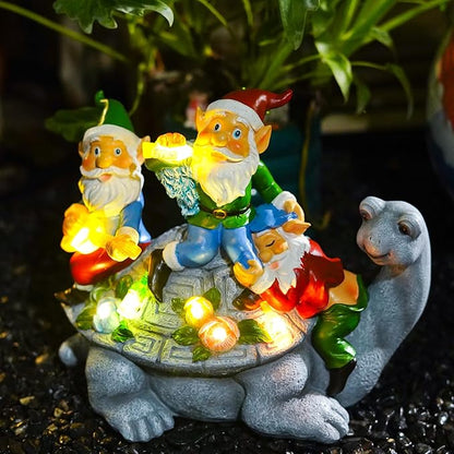 Upgraded Size Solar Garden Outdoor Statues Gnome Turtle Three Gnomes Having Party on Turtle with 7 LED Lawn Decor Outside Decorations for Patio, Balcony, Yard Ornament Unique Garden Gift