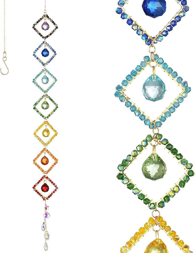7 Chakra Crystal Light Catcher - Handwoven Sun Catcher with Geometric Metal Frames, Rainbow Maker for Windows, Garden & Balcony Decor, Rainbow Crystal Beads, 7-Tier (Colorful Colors)