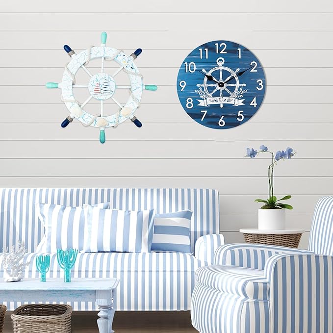 Nautical Outdoor Clock Waterproof -14" Silent Navy Blue Coastal Decor Indoor Outdoor Wall Clocks Battery Operated for Patio, Pool, Porch, Backyard, Bathroom - Boat Ship Steering Wheel Theme