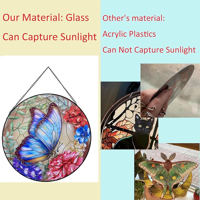 Butterfly Stained Glass Window Hanging,20cm/7.87inch Hand-Painted Sun Catcher Garden Hangings for Doors Home Christmas Mother's Day, Valentine's Day Ornaments Festival Gift (B Style)